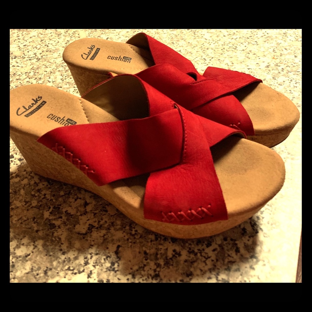 Beautiful red leather slip on wedge sandals